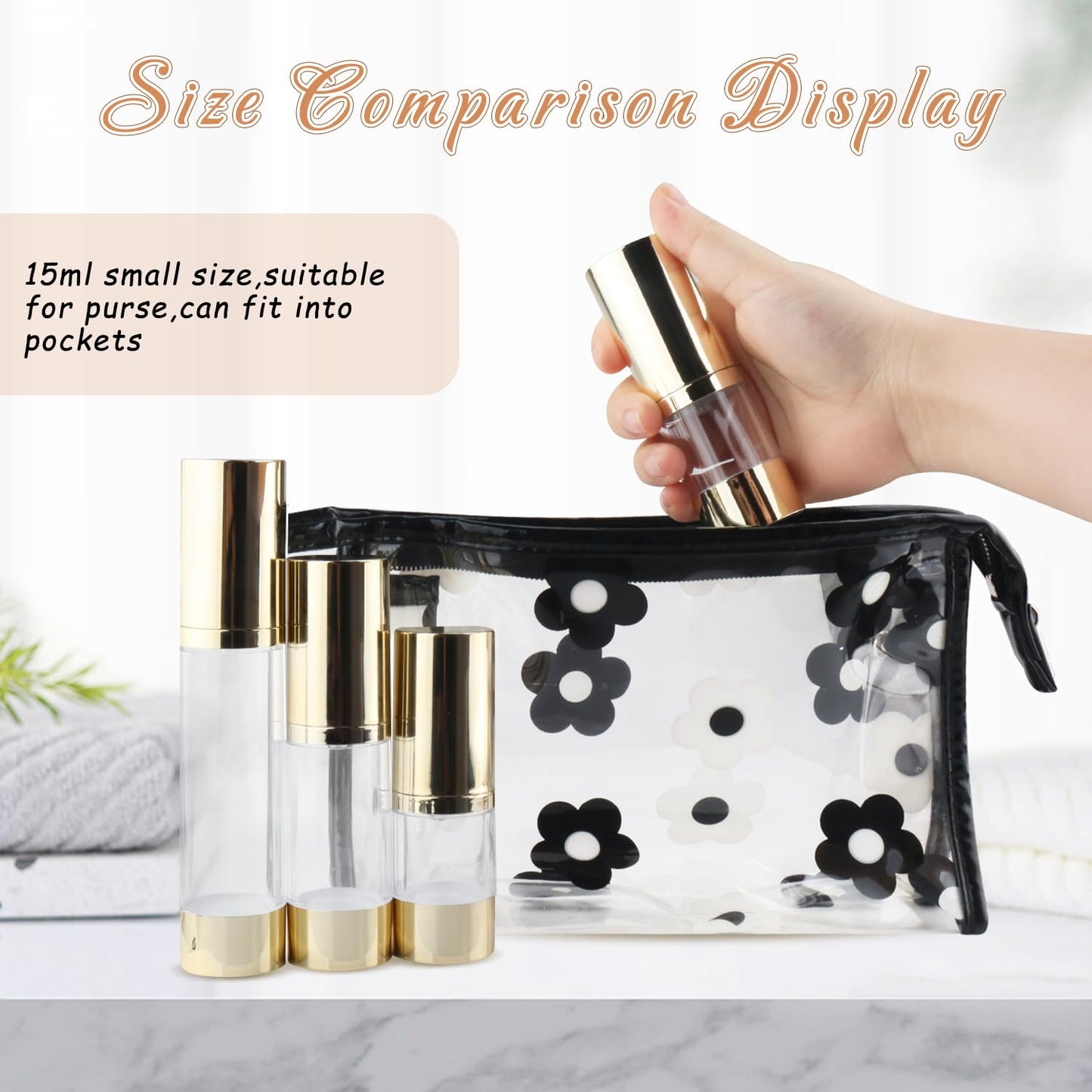 BOSMIOW 4Pcs 15ml/0.5oz Clear Plastic Airless Pump Bottles with Gold Head Empty Refillable Vacuum Bottles Travel Size Cosmetics Sample Storage Jars for Lotion,Shampoo,Hand Soap,Face Cream