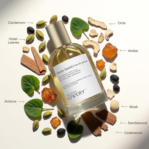 LOVERY Woody Santal Sandalwood - Perfume with Travel Spray Bottle - Unisex Eau De Parfum, Clean Ingredients, 100ml + 2ml