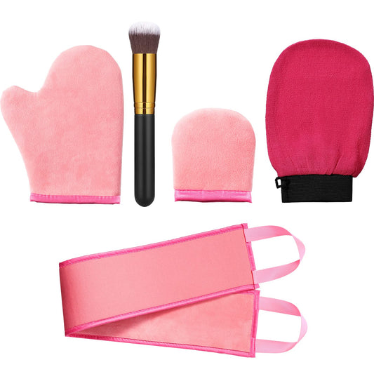 Boao 5 Pieces Self Tanning Mitt Applicator Kit, Includes Tanning Mitt, Exfoliating Glove, Mini Face Glove, Back Lotion Applicator, and Large Brush Makeup(Pink)