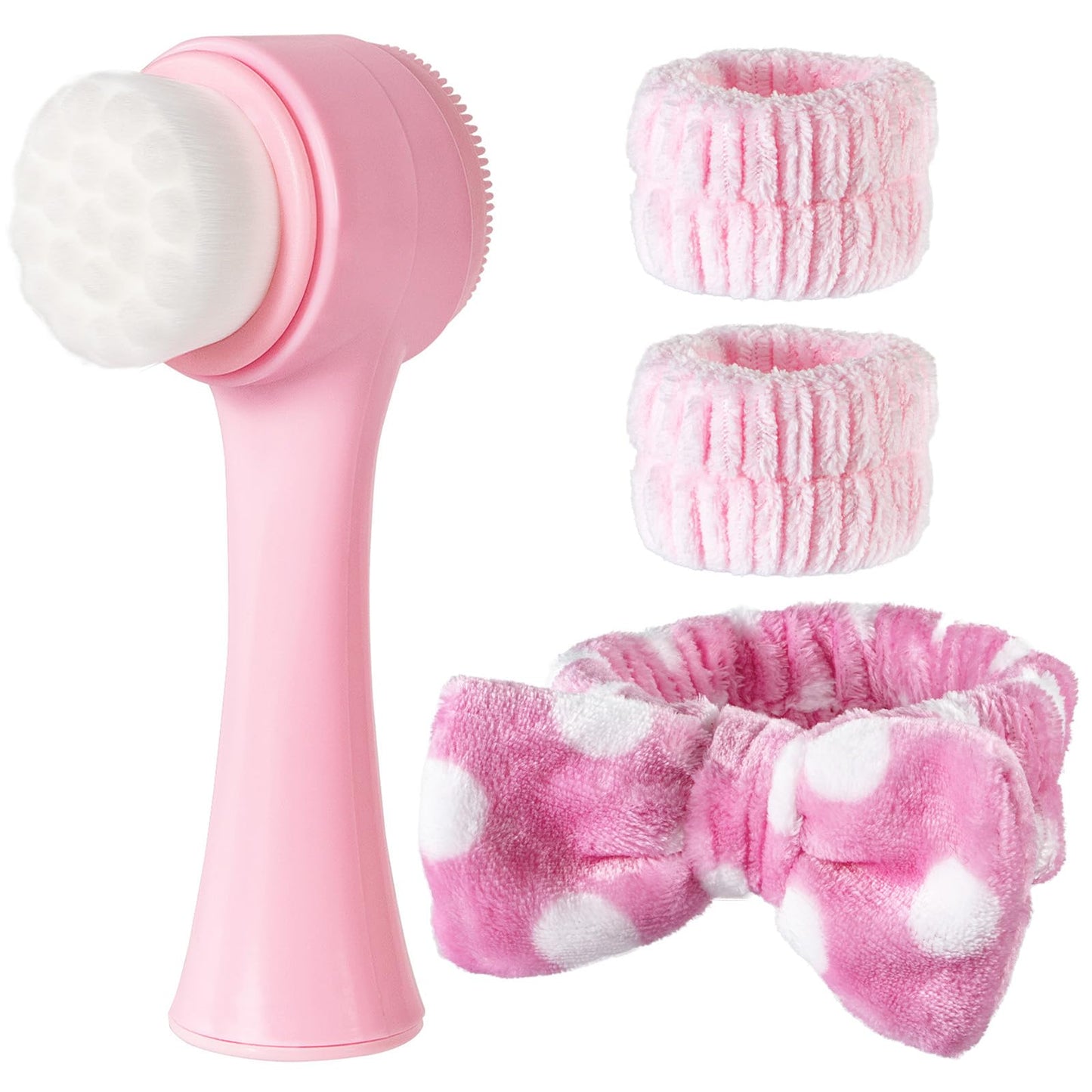 Beomeen Facial Cleansing Brush 2 in 1, Silicone Face Scrubber Dual Face Brush for Deep Pore Cleansing and Exfoliating, Skincare Headband and Wristbands Set for Washing Face, Massaging Spa Makeup, Pink
