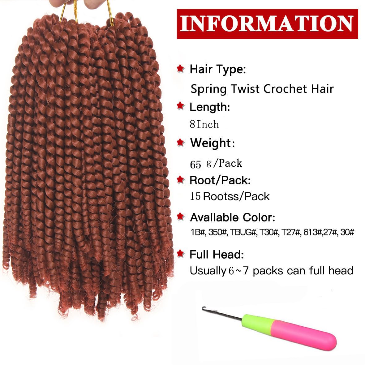 Xtrend 90strands Copper Red Spring Twist Crochet Braids Hair for Distressed Butterfly Locs 8 Inch Fluffy Twist Hair Synthetic Braiding Hair Extensions for Women 350#