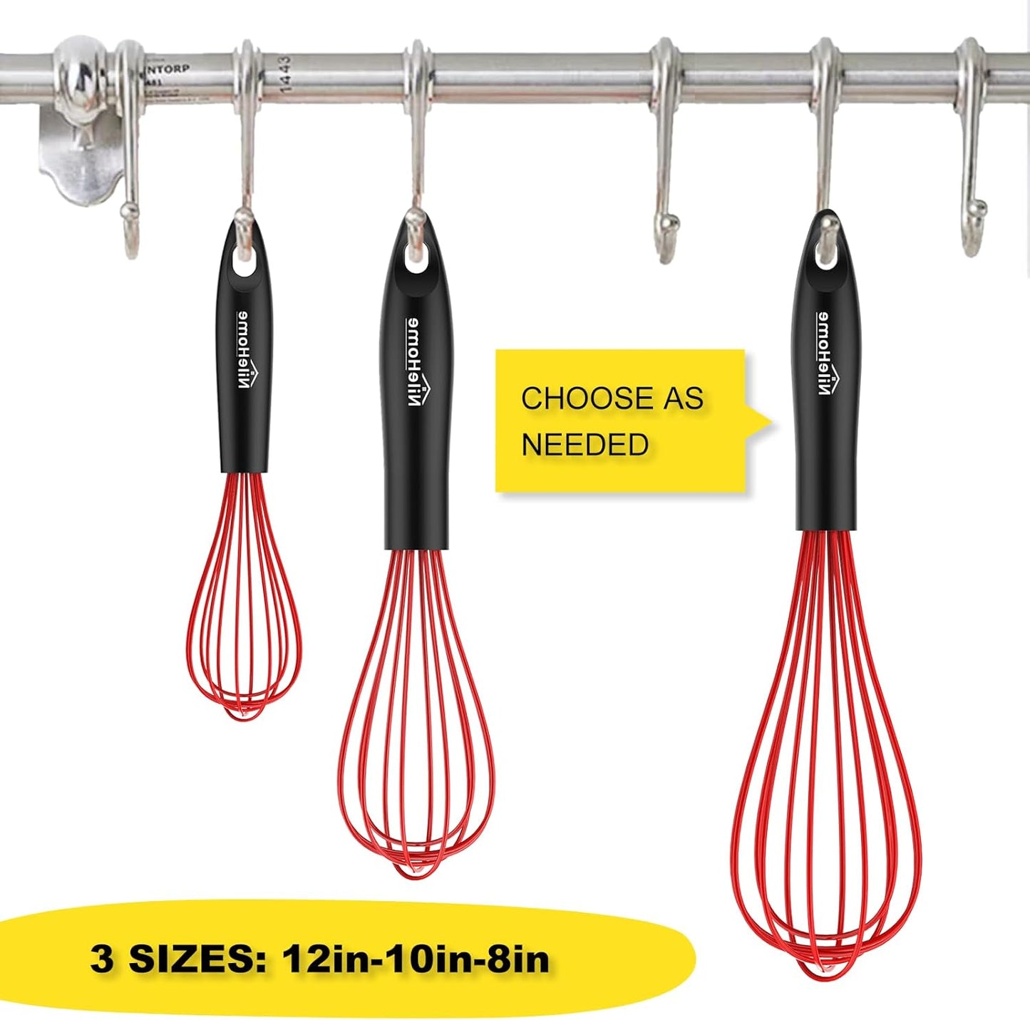 NileHome Silicone Whisk Set 8" 10" 12", 3 Pack Kitchen Whisk Kitchen Wisk Wire Whisks for Cooking, Whisking, Blending, Beating, Stirring-Red