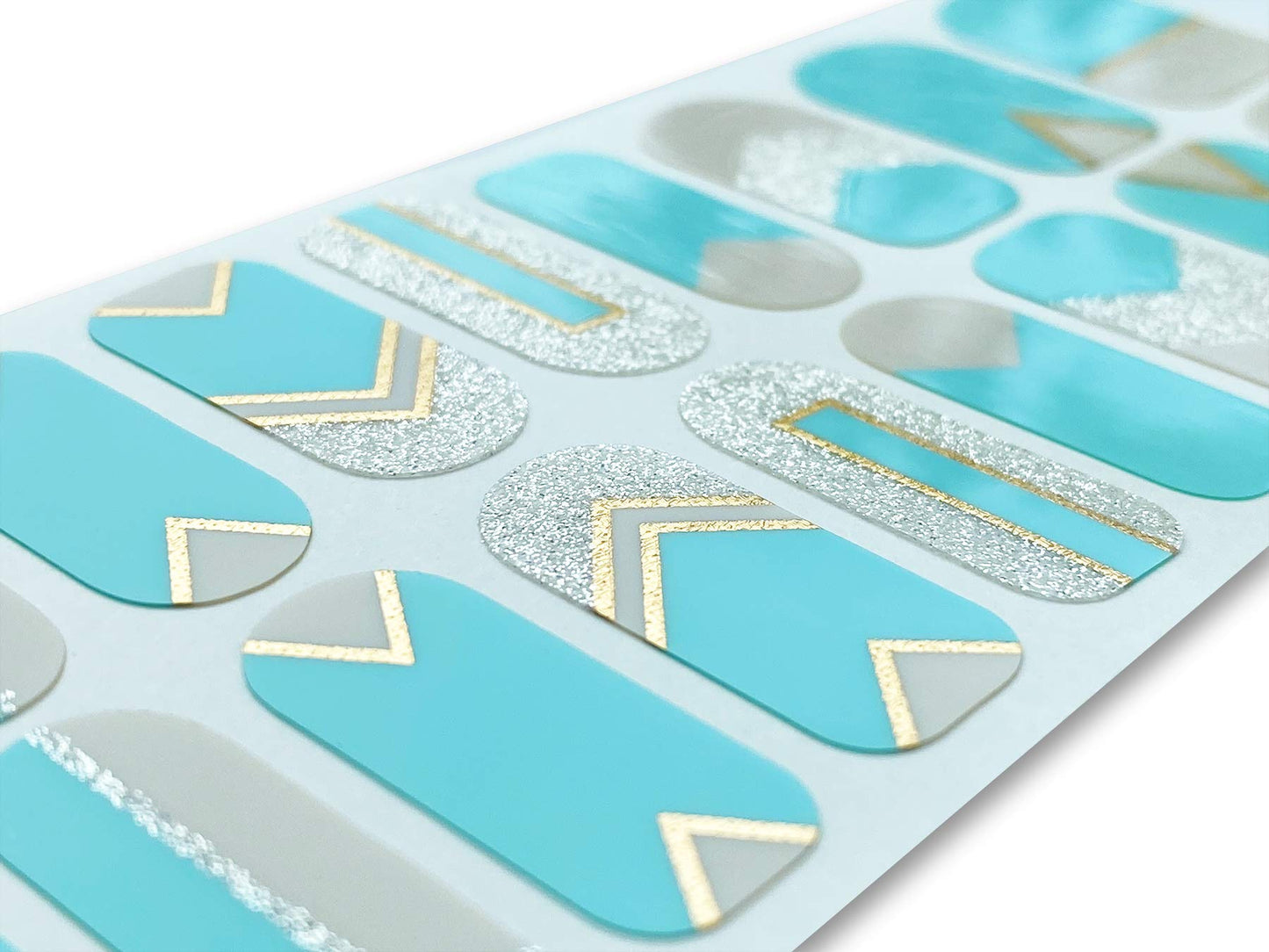 TOUGH GIRLS | 20 Exquisite Gel Nail Polish Strips w/Application Accessories - No UV/LED Lamp Required (Turquoise, Silver Glitter & Gold Lines)