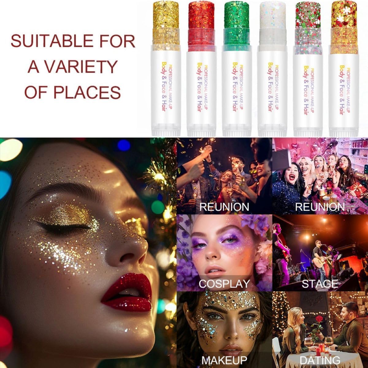 Skiennix Body Glitter Stick - Sparkling Holographic Sequins for Eyes, Lips, Hair & Face | Red, Green & White