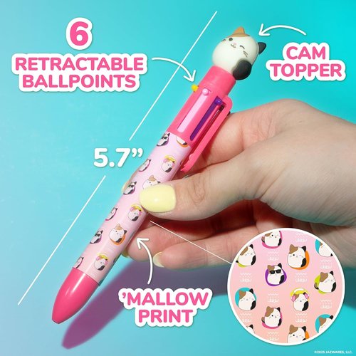 Original Squishmallows Multicolor Pen, Novelty Pen With 6 Inks and Cam the Cat Topper, Cool School Supplies, Cute Pens and Stationery, Gifts for Girls, Back to School Stuff