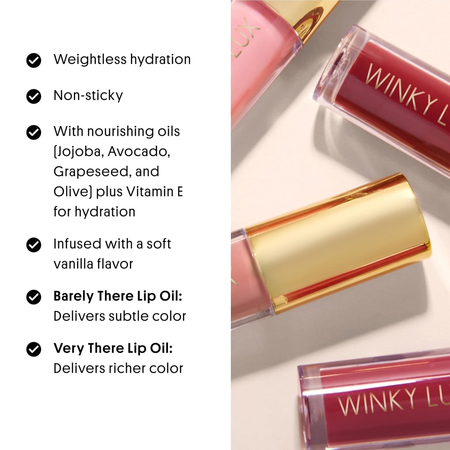 Winky Lux Lip Oil - Hydrating Baby Pink Tint with Jojoba Oil | Non-Sticky Glossy Finish & Soft Vanilla Scent