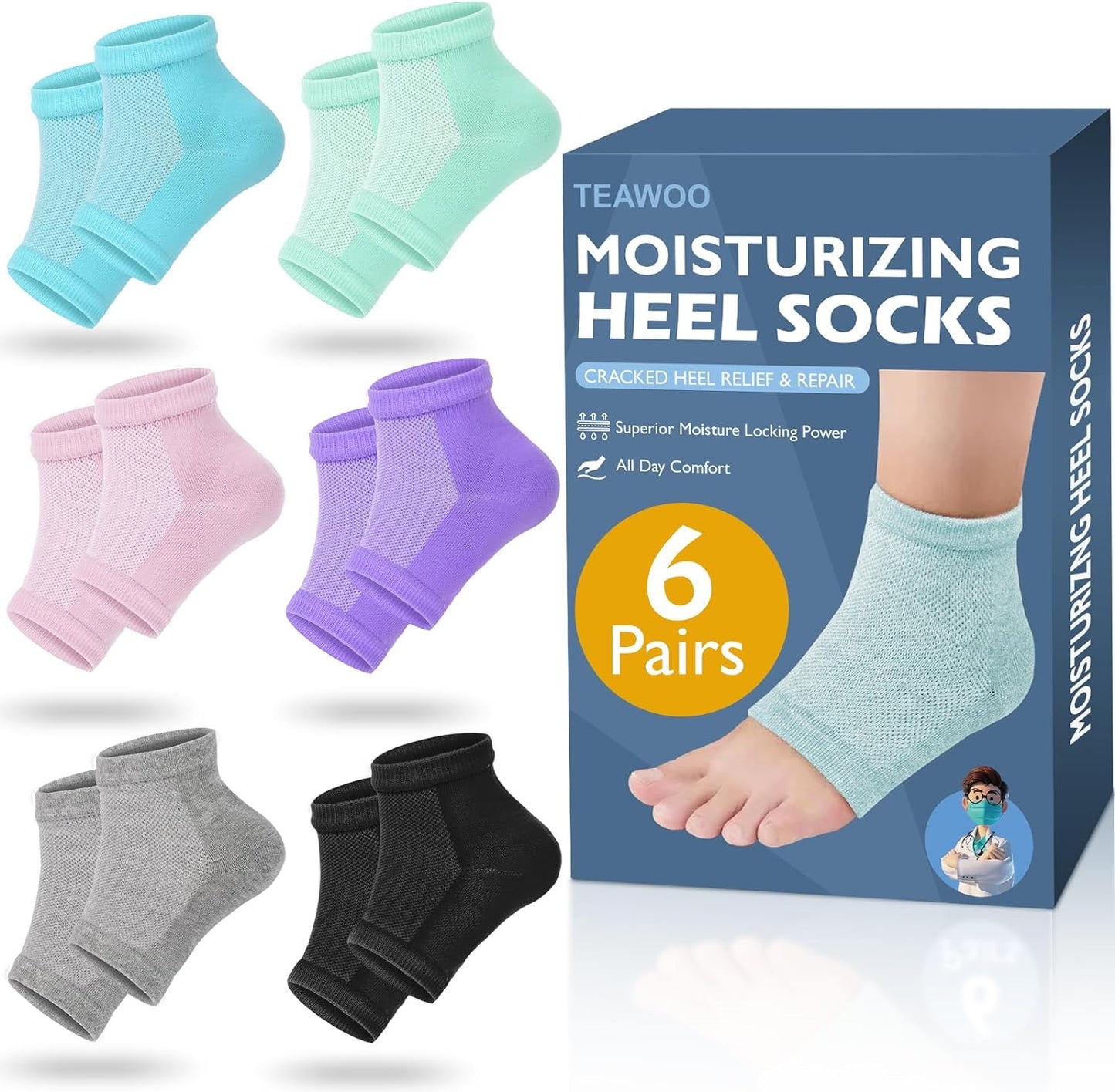 TEAWOO Moisturizing Heel Socks - 6 Pairs of Toeless Gel Socks for Hydrated, Soft Feet