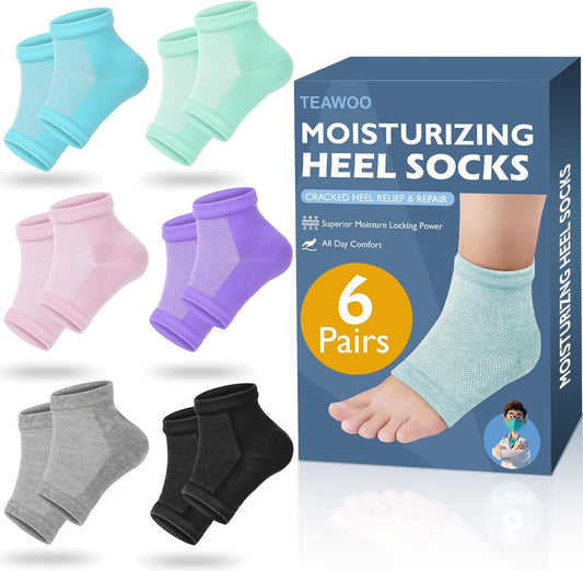 TEAWOO Moisturizing Heel Socks - 6 Pairs of Toeless Gel Socks for Hydrated, Soft Feet