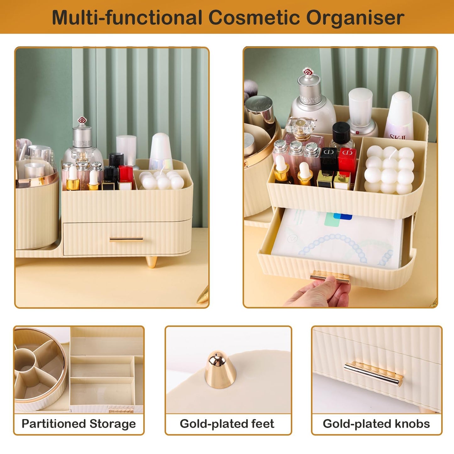 Rotating Makeup Organizer for Vanity with Brush Holder and Drawer, Cosmetic Makeup Storage, Large Spinning Makeup Skincare Organizer, Countertop Makeup Perfume Organizer, Lotions Display Case (Ivory)