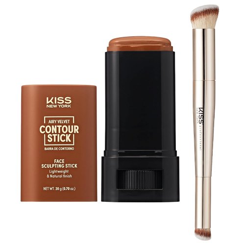 Kiss New York Airy Velvet Contour Stick - Medium Tan 0.70 Oz | Dual-Ended Brush Set & Hyaluronic Acid Formula for Natural Finish