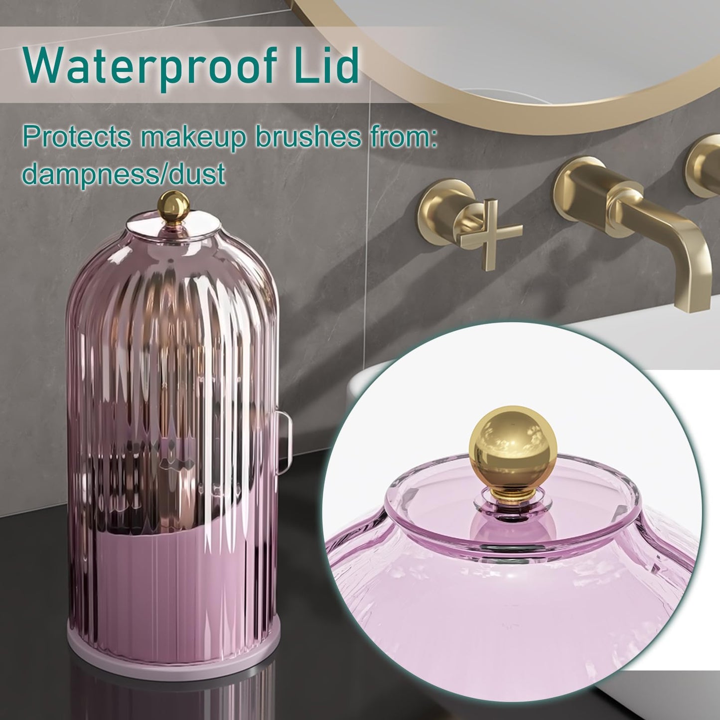 GAXmi Makeup Brush Holder with Lid Cosmetic Tools Organizer 360 Rotating Waterproof Dustproof Beauty Brushes Storage for Vanity, Pink-Purple