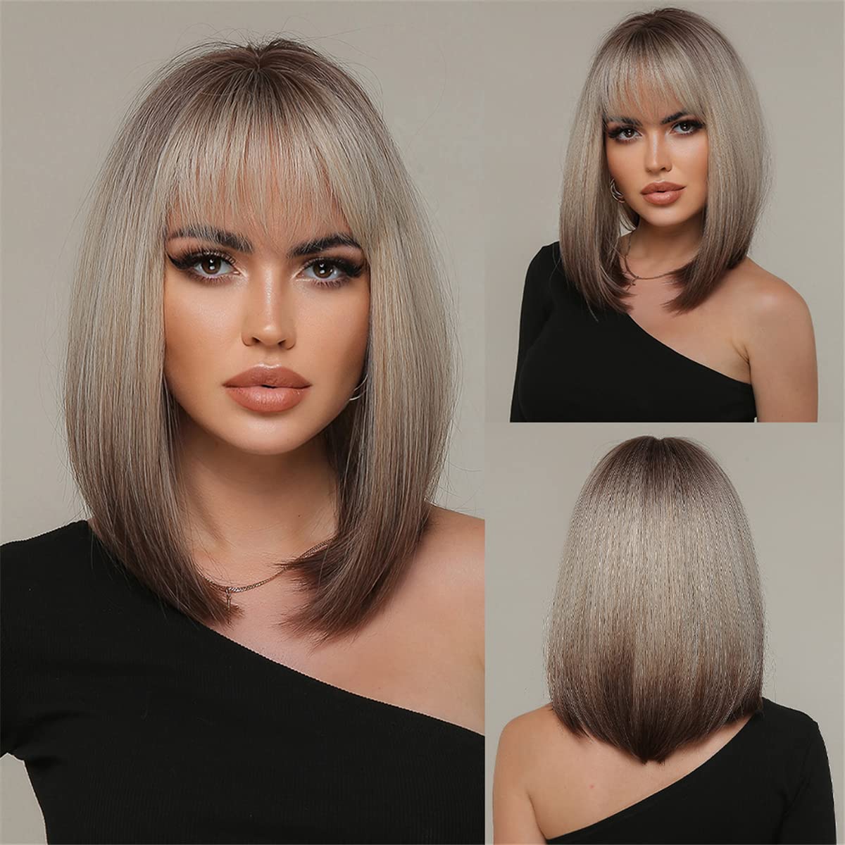 BERON Brown Blonde Ombre Wig for Women Ombre Brown Blonde Bob Wig Short Straight Brown Blonde Ombre Wig with Bangs Dark Roots Gray Synthetic Heat Resistant Wig Cap Included