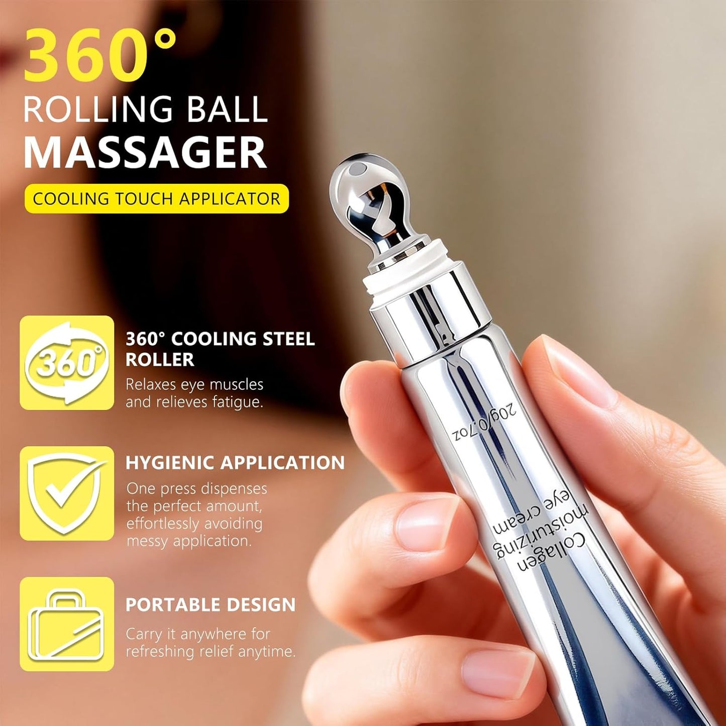 Skiennix Vegan Collagen Eye Cream - Cooling Roller with Peptides & Triple Hyaluronic Acid for Dark Circles & Puffiness