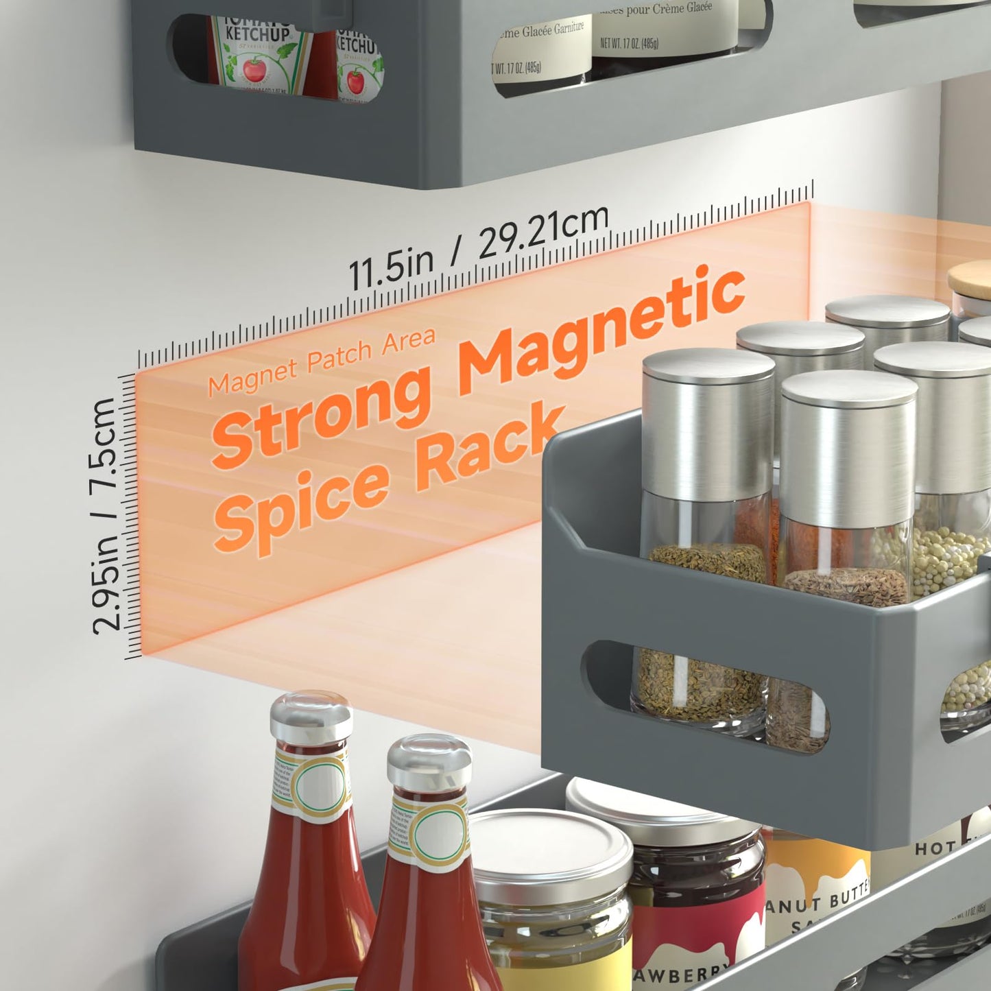 4 Pack Strong Magnetic Spice Rack for Refrigerator, Multipurpose Magnetic Shelf for Fridge with 4 Hooks for kitchen and Bathroom Organization, Black