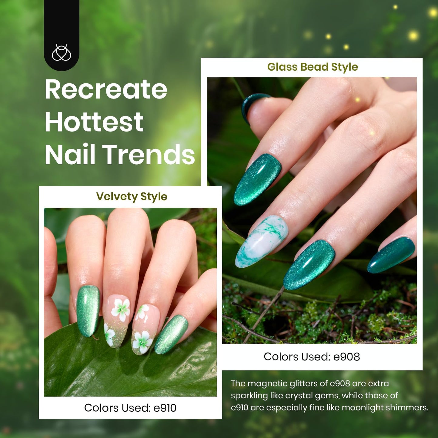 Beetles Gel Polish Green Gel Nail Polish Set, Cat Eye Jelly Gel Polish with Color Swatch Dots Magnet, 6 Color Glitter Enchanted Forest Theme for Salon Gel Manicure Nail Art DIY at Home