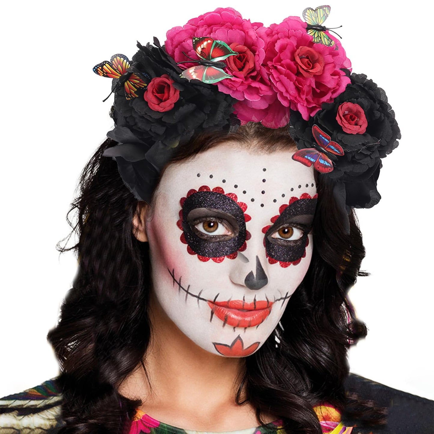 Mexican Flower Crown Headband with Butterfly, Day of the Dead Headpiece, Halloween Festival Headwear, Dia De Los Muertos Hairhoop(Mexican A)