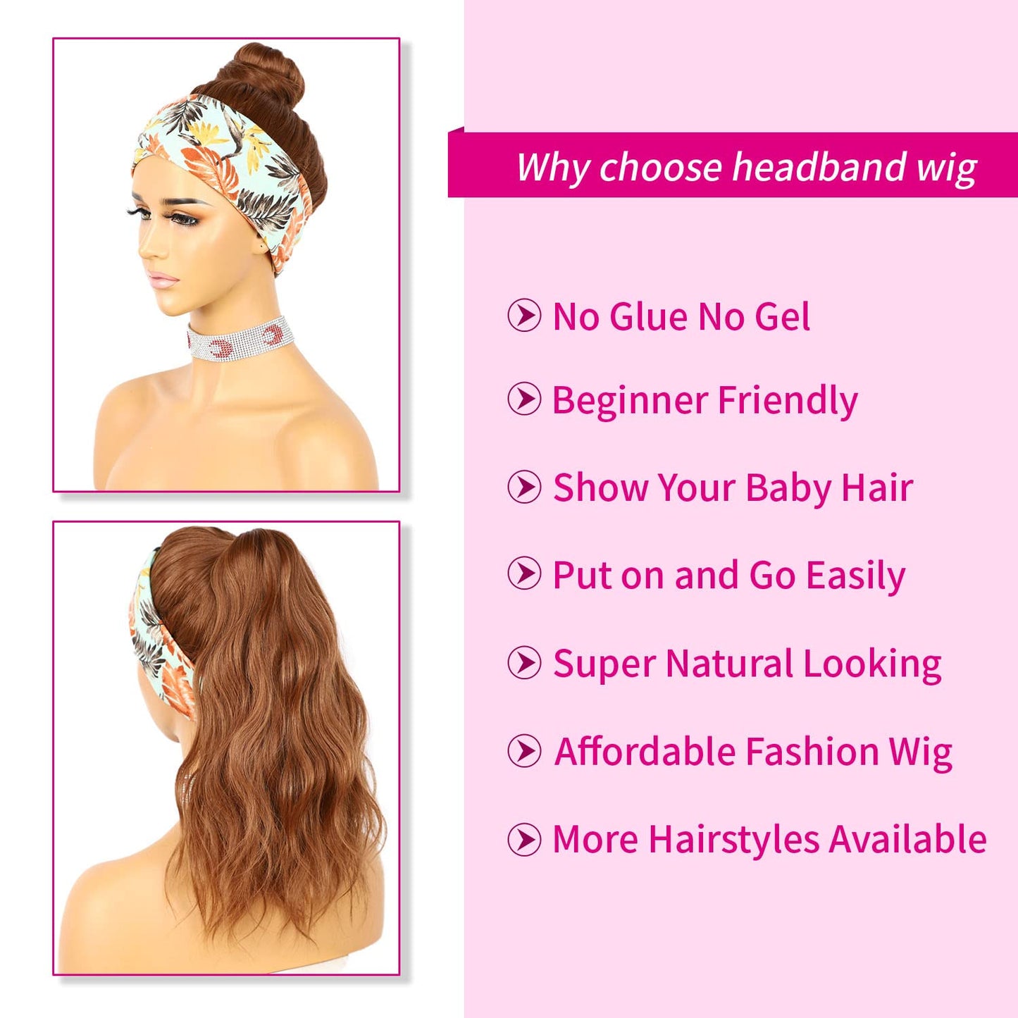 SAPPHIREWIGS Glueless Headband Wig Loose Body Wavy Synthetic Hair Wigs for Black Women Wave None Lace Front Wigs Bright Brown Color Machine Made Wigs 150% Density 26inch