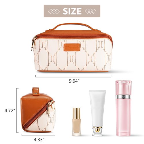 Cozomga PU Leather Travel Makeup Bag for Women, Large Capacity Cosmetic Organizer, Structured Waterproof Travel Toiletry Bag, Portable Handheld Makeup Pouch for Home & Travel (Medium)