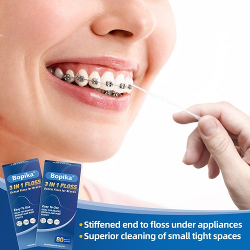 Bopika 3-in-1 Dental Floss for Braces & Bridges, Pre-Cut Strands – Built-in Threader & Thick Spongy Floss for Orthodontic Care – Easy Reach for Gaps & Appliances