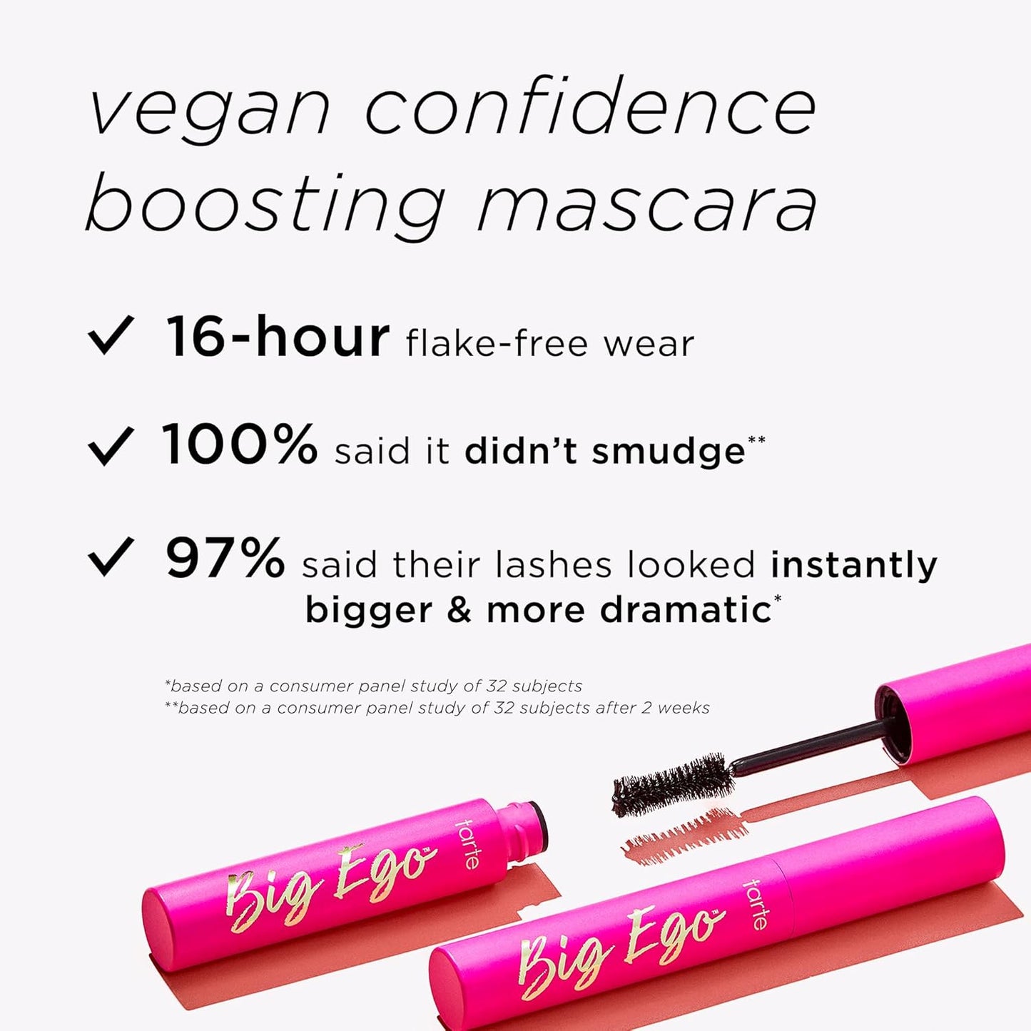 tarte big ego mascara – Ultra-Black, Long-Wear Vegan Mascara for Fuller, Longer, Volumized Lashes, Cruelty Free