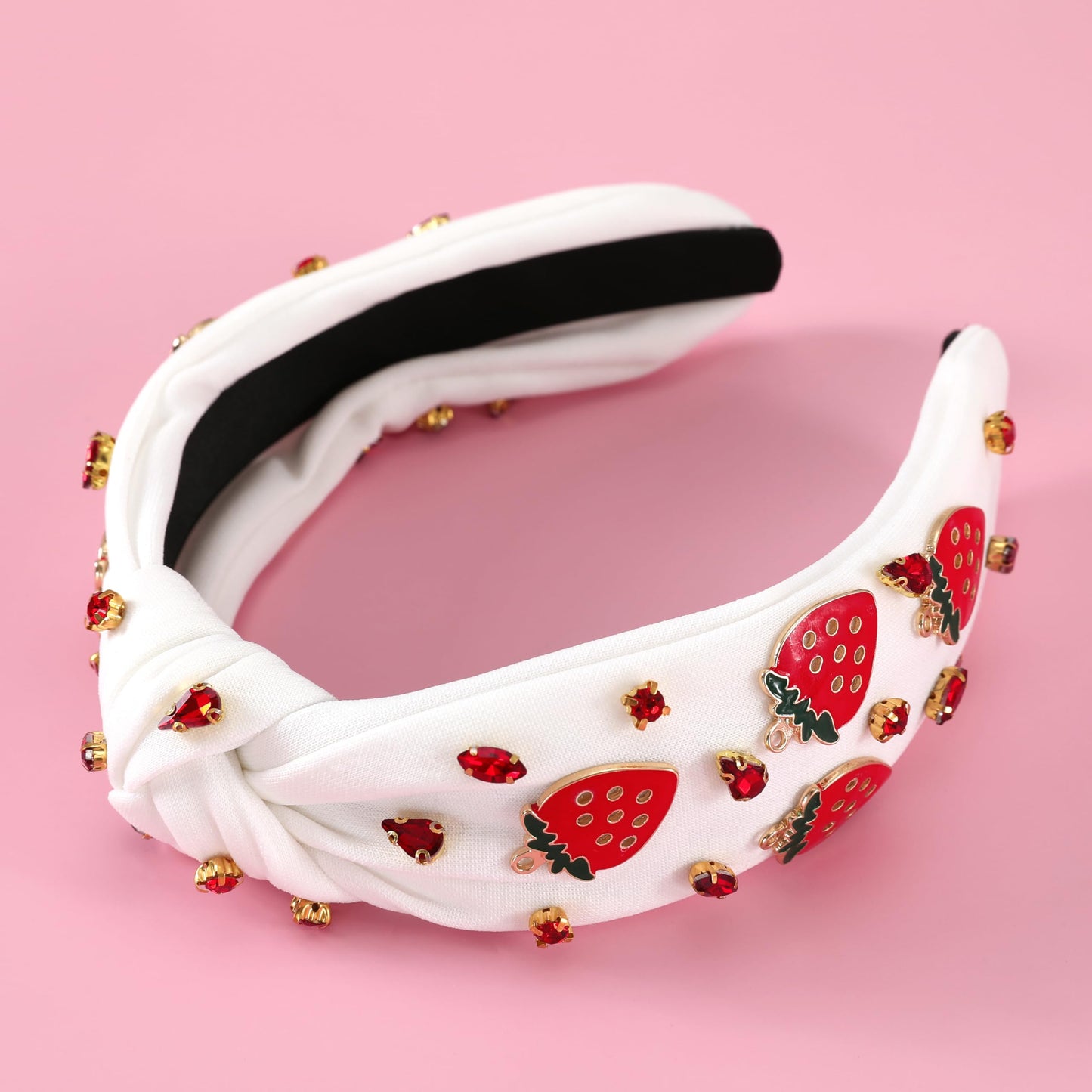 Gmmidea Strawberry Fruit Headband Summer Knotted Headbands for Women Girls Beaded Rhinestone Jeweled Headband Fabric Wide White Hairband Boho Beach Vacation Hair Accessories