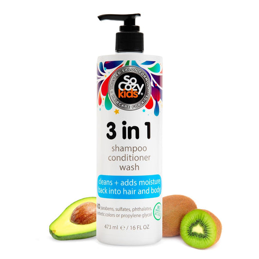 SoCozy 3-in-1 Kids Shampoo, Conditioner & Body Wash - Gentle Hydrating Cleanser with Keratin & Kiwi Extract (16 Fl Oz)