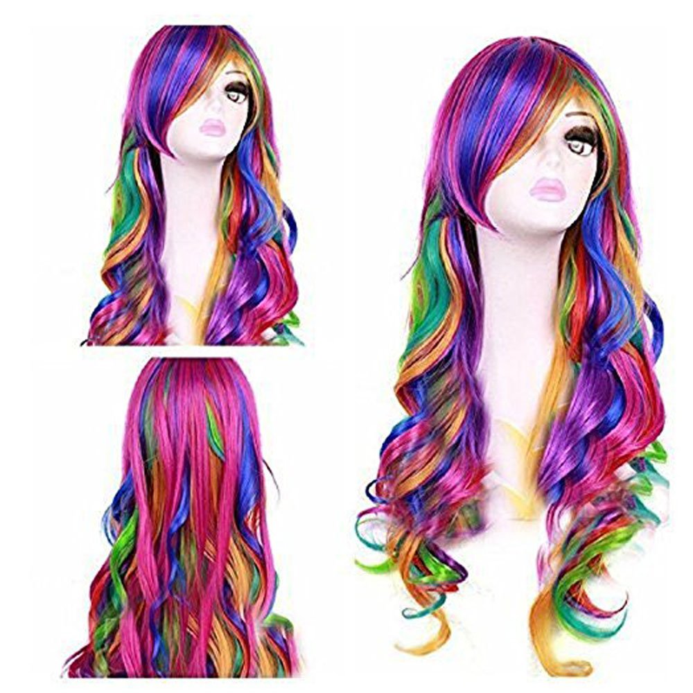 BERON 27.5" Women Girl's Long Curly Wavy Rainbow Wig for Halloween Anime Cosplay(Multi-color)