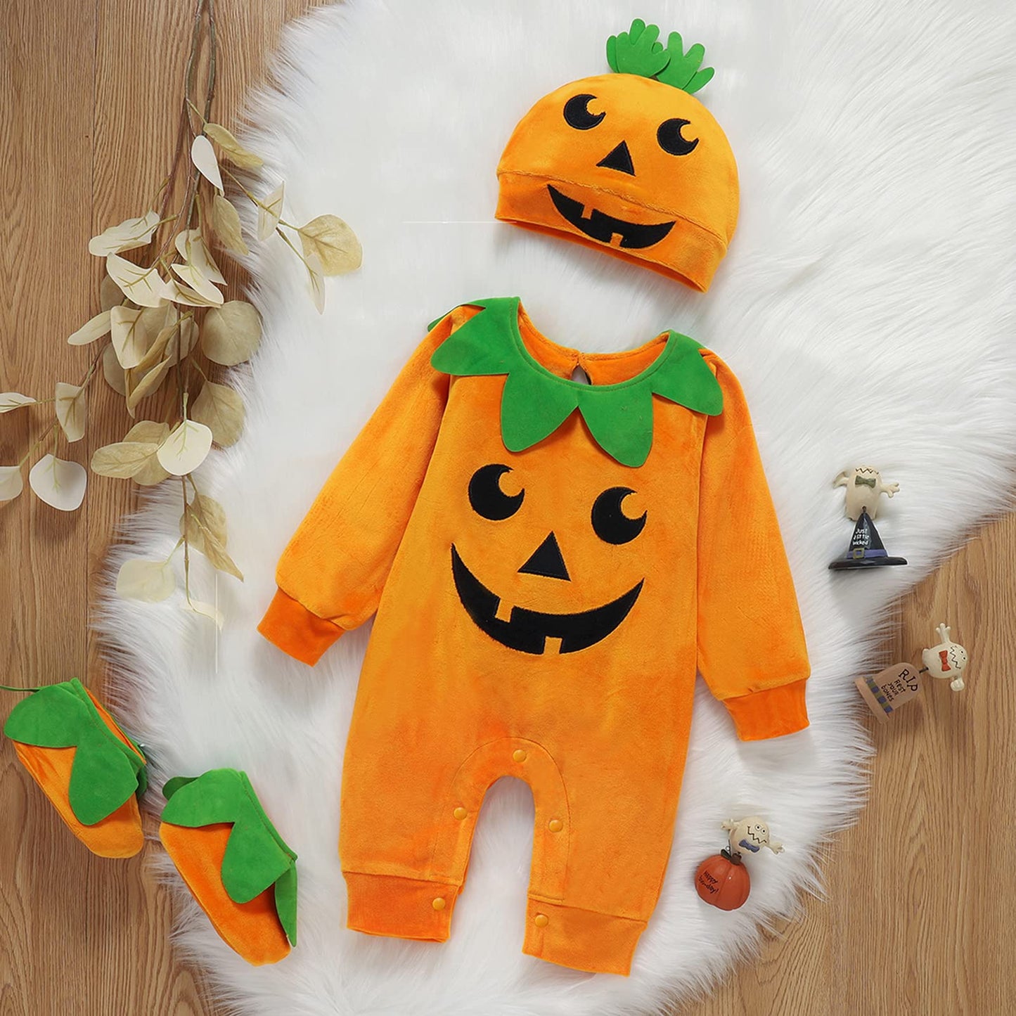 Toddler Baby Girls Boys Halloween Long Sleeve Pumpkin Face Pattern Romper+ Cap +Slipper Socks 3Pcs Outfits (Orange, 18-24 Months)