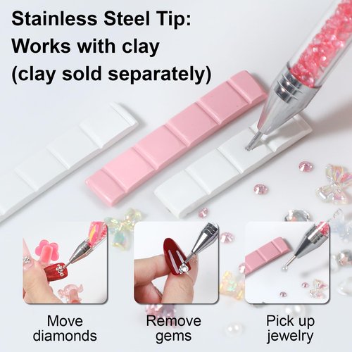 OIFEN Rhinestone Picker Tool,2 Wax Pencil for Rhinestones, Dual-Ended Rhinestone Applicator Wax Pen Gem Picker Tool with 6 Extra Wax Tips and 2 Tweezers (Pink+White)