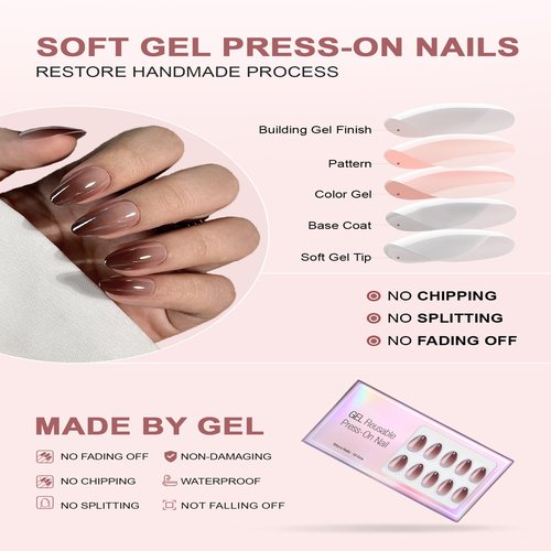 RTKHFZE Press On Nails Medium - Supremely Fit & Natural Soft Gel Glue On Nails with Nail Glue, Reusable Stick On Nails in 16 Sizes - 32 Fake Nails Kit, Brown Gradient
