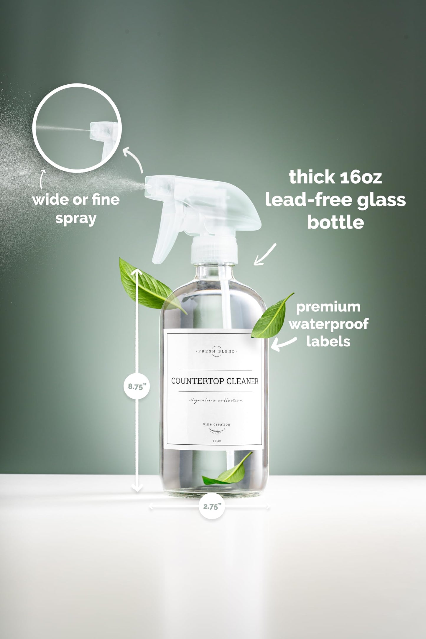 Vine Creations Glass Spray Bottles, 2 Pack Refillable Spray Bottles for Cleaning Solutions, Clear Spray Bottle for plants, Water Spray Bottle Sprayer, Glass Spray bottles 16 oz with Waterproof Labels