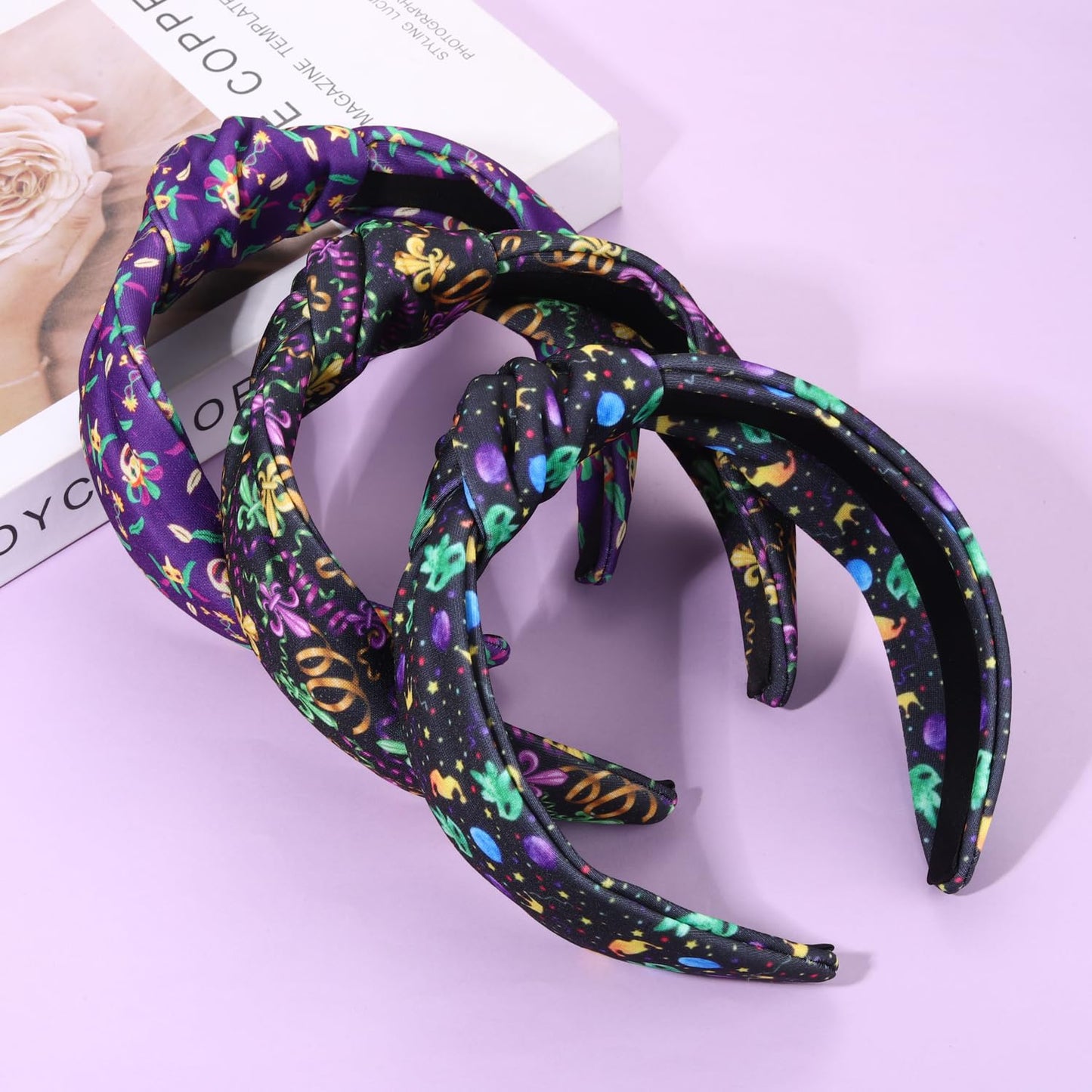 JERTOCLE Mardi Gras Headband for Women Carnival Mask Fleur De Lis Crown Printed Knotted Headband Fat Tuesday Hair Accessories Holiday Gifts (Mardi Gras C)