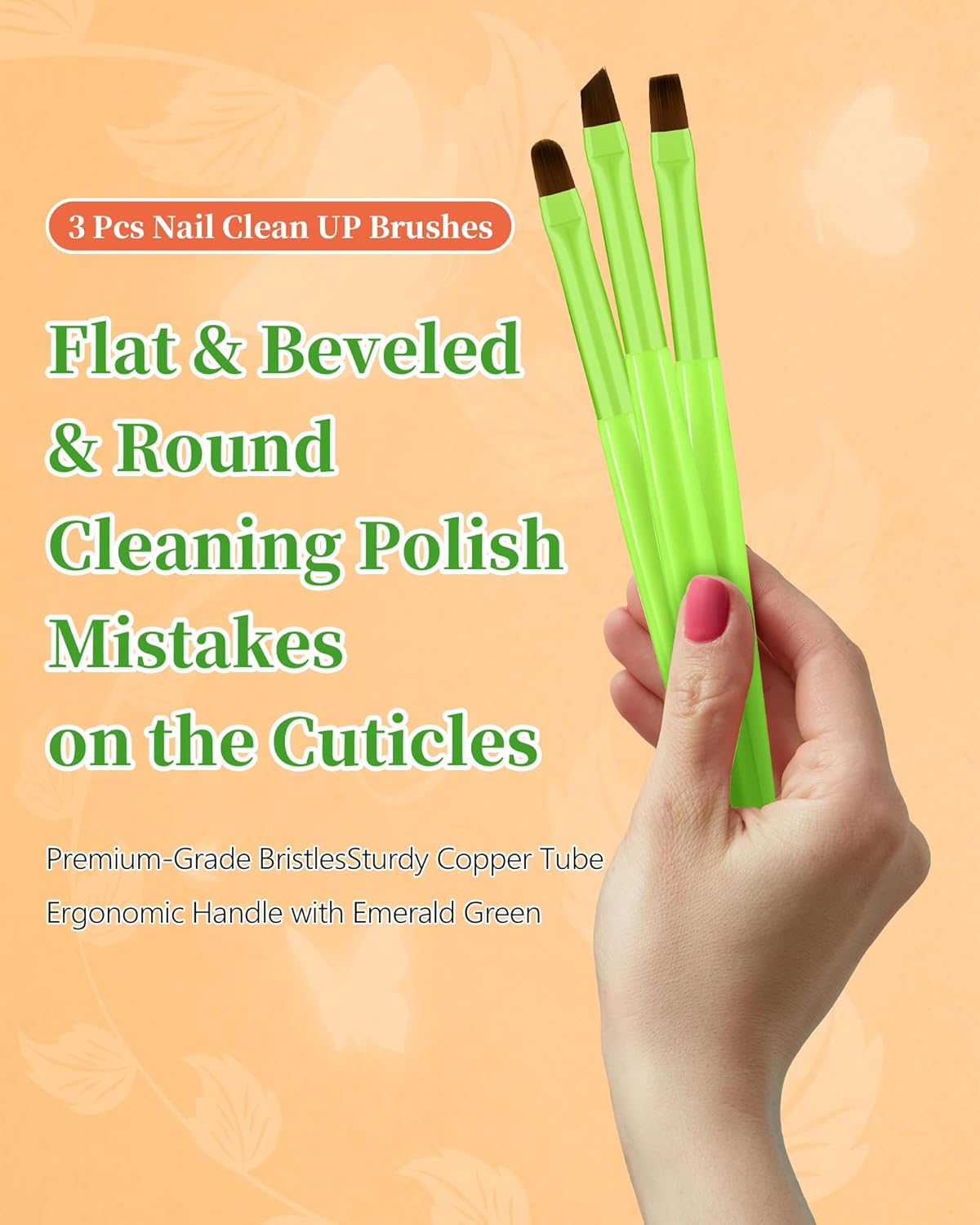 Skiennix Nail Polish Clean Up Brush Set - 3 Acetone Resistant Brushes for Perfect Nail Art | Bright Green