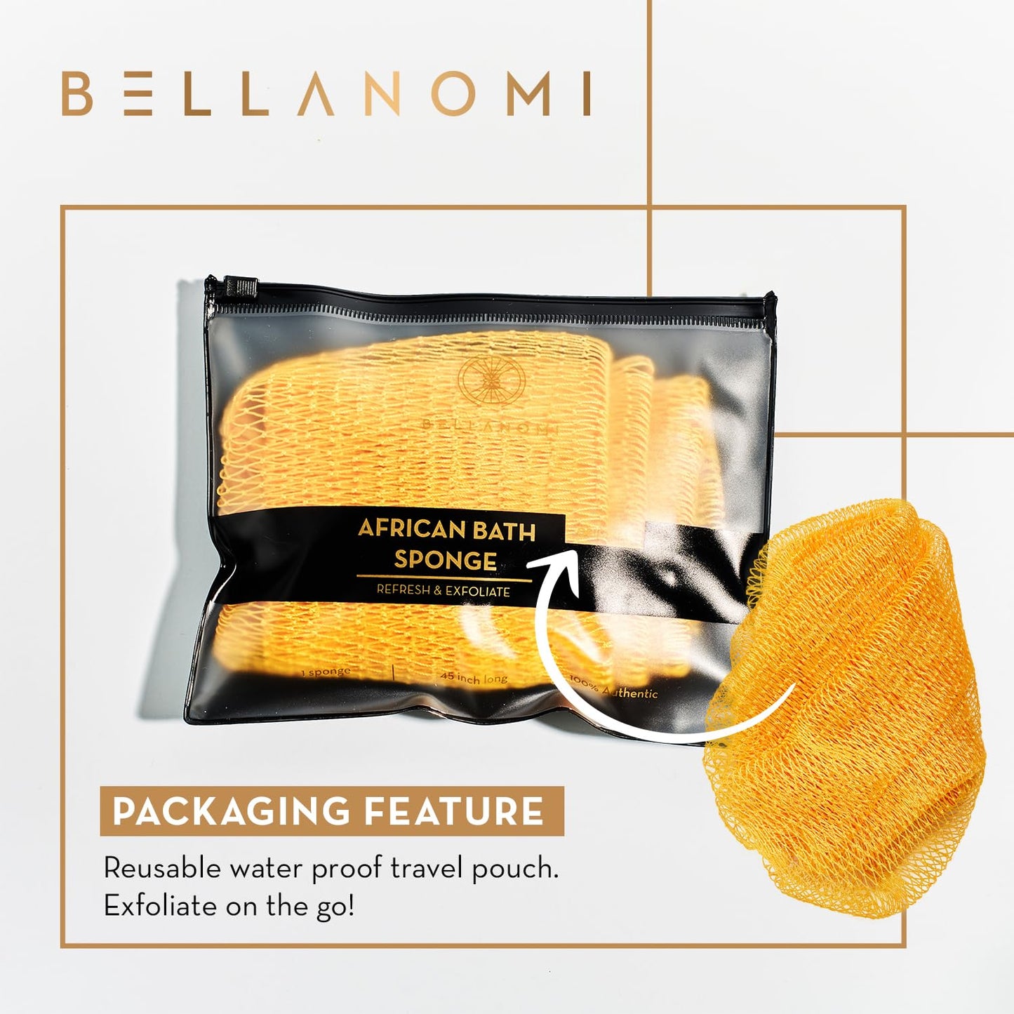 BELLANOMI African Exfoliating Net Sponge, Authentic, Ethically sourced from Nigeria, 45 inches Long, Back Scrubber for Daily use (Black)