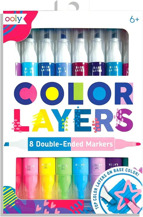 Ooly Color Layers Double-Sided Markers - Set of 8 with 16 Colors, Chisel & Point Tips for Kids' Art Supplies