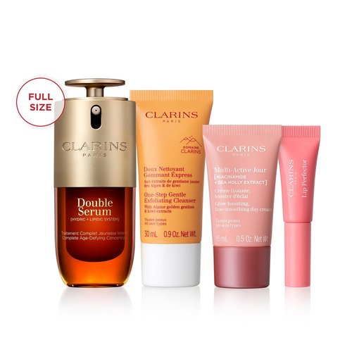 Clarins Smooth and Glow Starter Set - 5-Piece Skincare Collection with Full Size Double Serum 1 oz