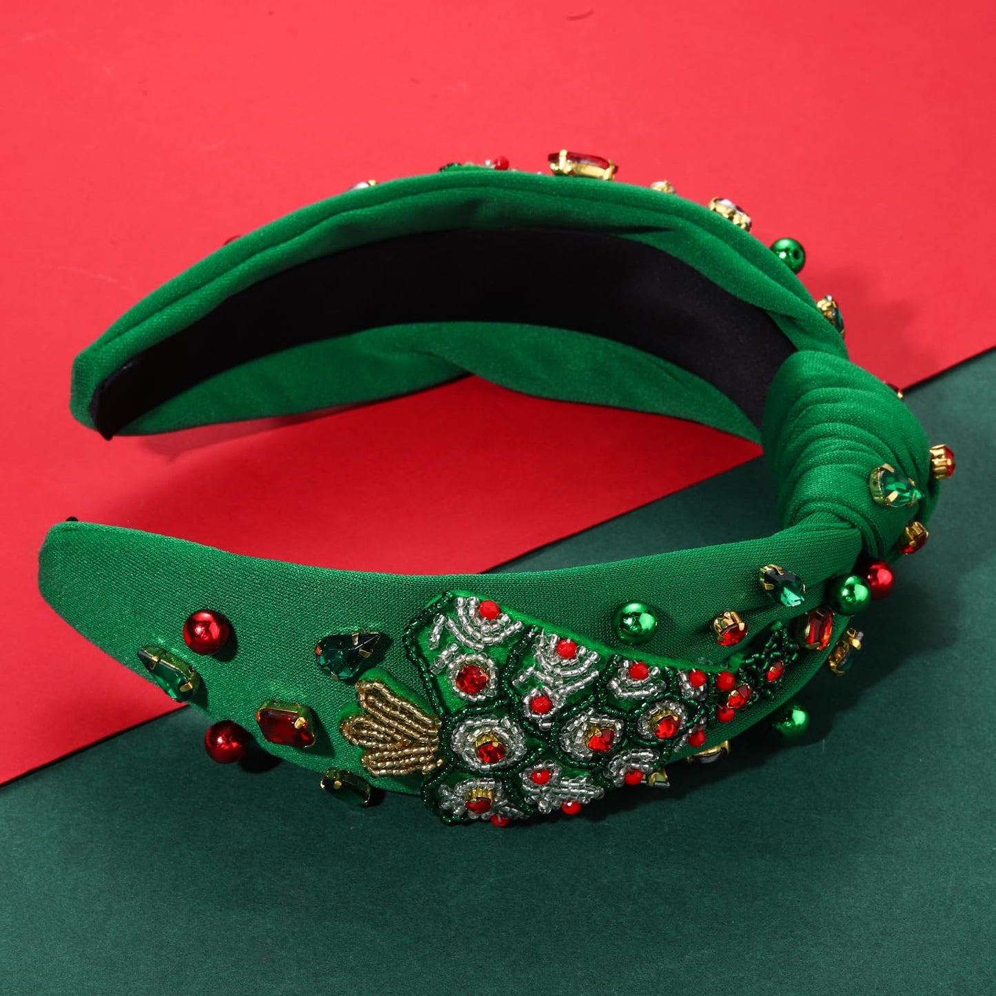 HSWE Christmas Headband for Women Xmas Tree Bow Snowflake Crystal Knotted Headband Rhinestone Embellished Top Knot Hairband