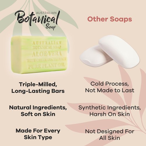 Australian Botanical Soap, 6.6 OZ, Aloe Vera and Green Tea Extract, Triple Milled Bars made with a Natural Soap Base and Enriched with Organic Shea Butter, Pack of 8