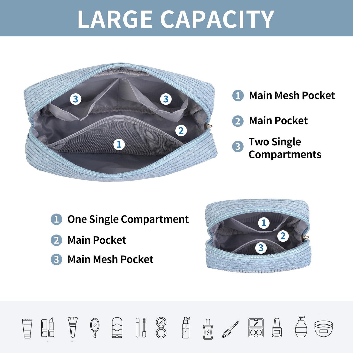 MAGEFY Makeup Bag for Purse, 2 Pcs Corduroy Cosmetic Bag for Girls Women Small Travel Makeup Pouch with Zipper(Blue)