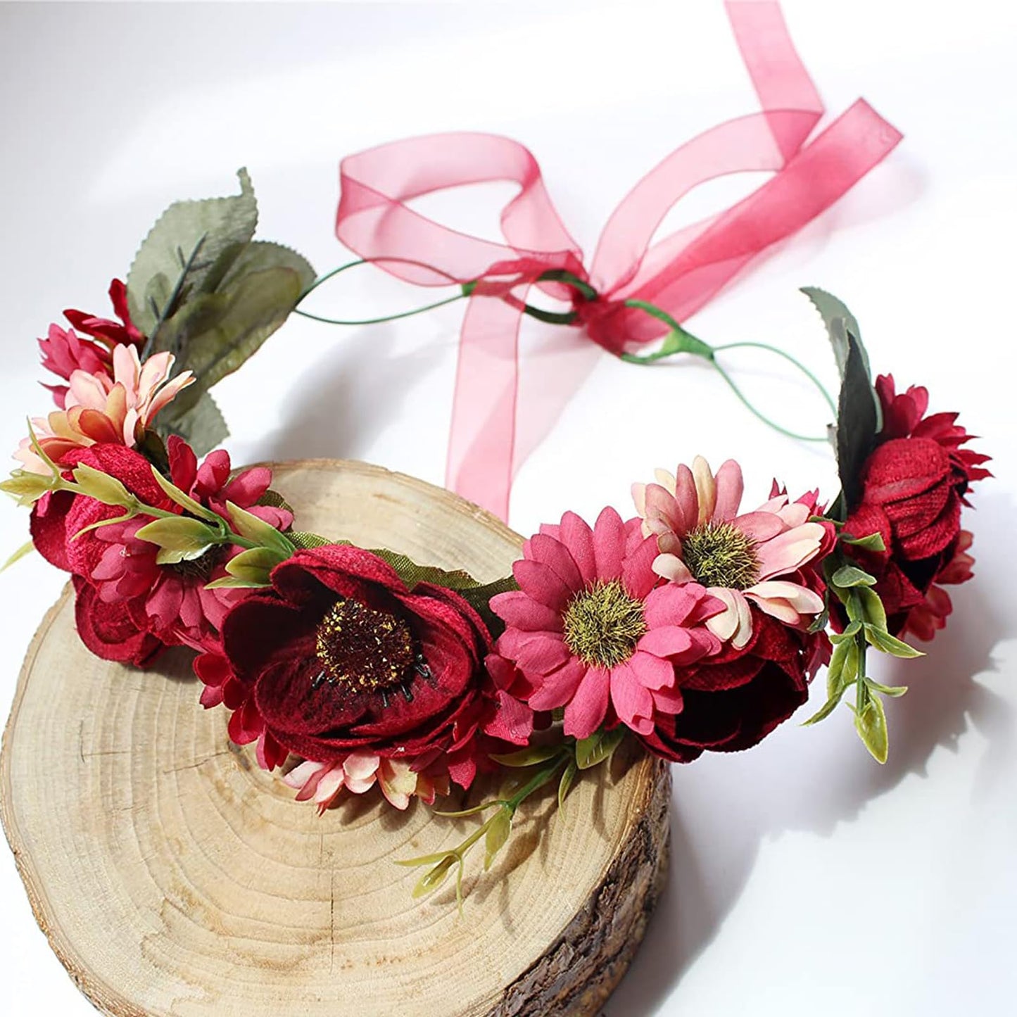 YnimioAOX Handmade Adjustable Flower Wreath Headband Halo Floral Crown Garland Headpiece,A14-wine red