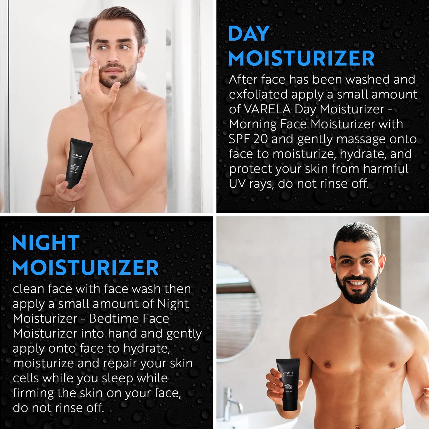VARELA - Premium Men's 4pc Skin Care Set | Men's Face Scrub | Men's Morning Moisturizer with SPF20 and Men's Evening Moisturizer | Men's Face Cleanser | 1 Month Supply