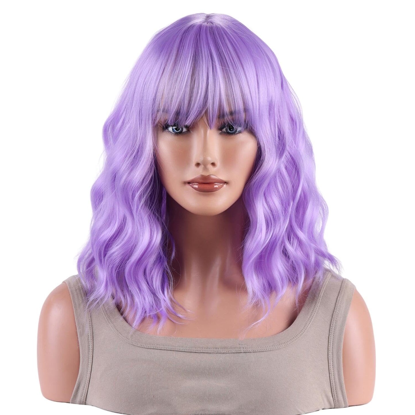 AneShe Lavender Purple Wig Short Purple Wavy Wig With Air Bangs Curly Synthetic Hair Wig Short Colorful Wavy Bob Wigs for Women Party Cosplay (14" Lavender Purple)