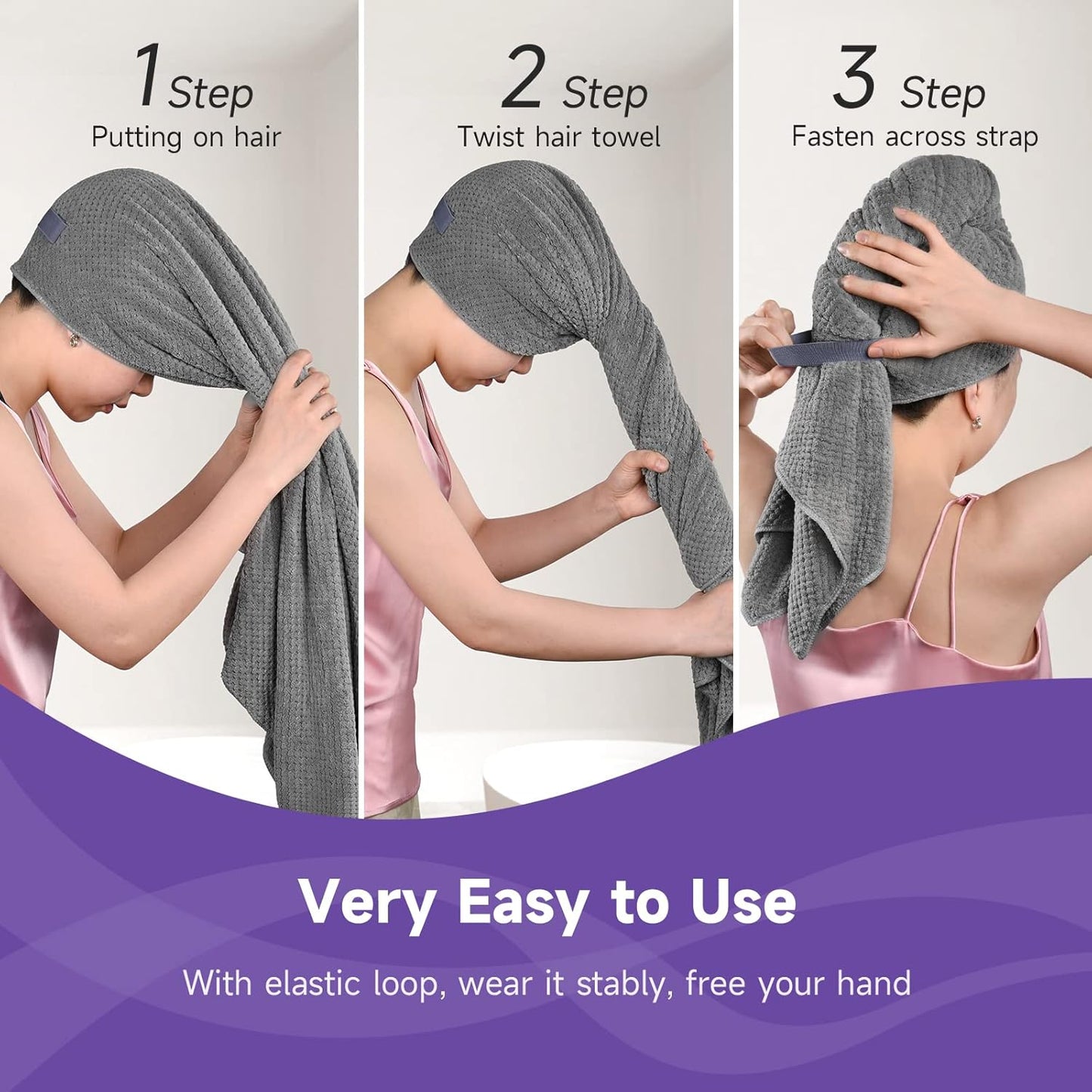 Umisleep Extra Large Microfiber Hair Towel - Super Soft Anti-Frizz Quick Dry Wrap for Long, Curly Hair | Grey