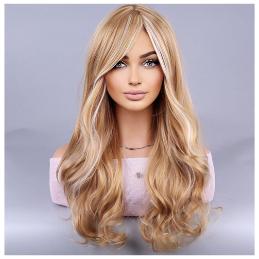 BERON Blonde Highlights Wigs Long Curly Wavy Women Wigs with Bangs Mixed Blonde Heat Resistant Synthetic Wigs for Daily Wigs