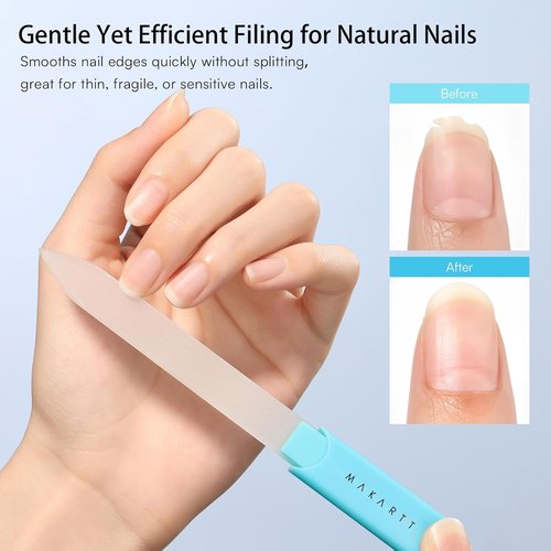 Makartt Glass Nail File - Double-Sided Sandblasted Crystal Buffer with Case | Reusable Portable Manicure Tool - Blue