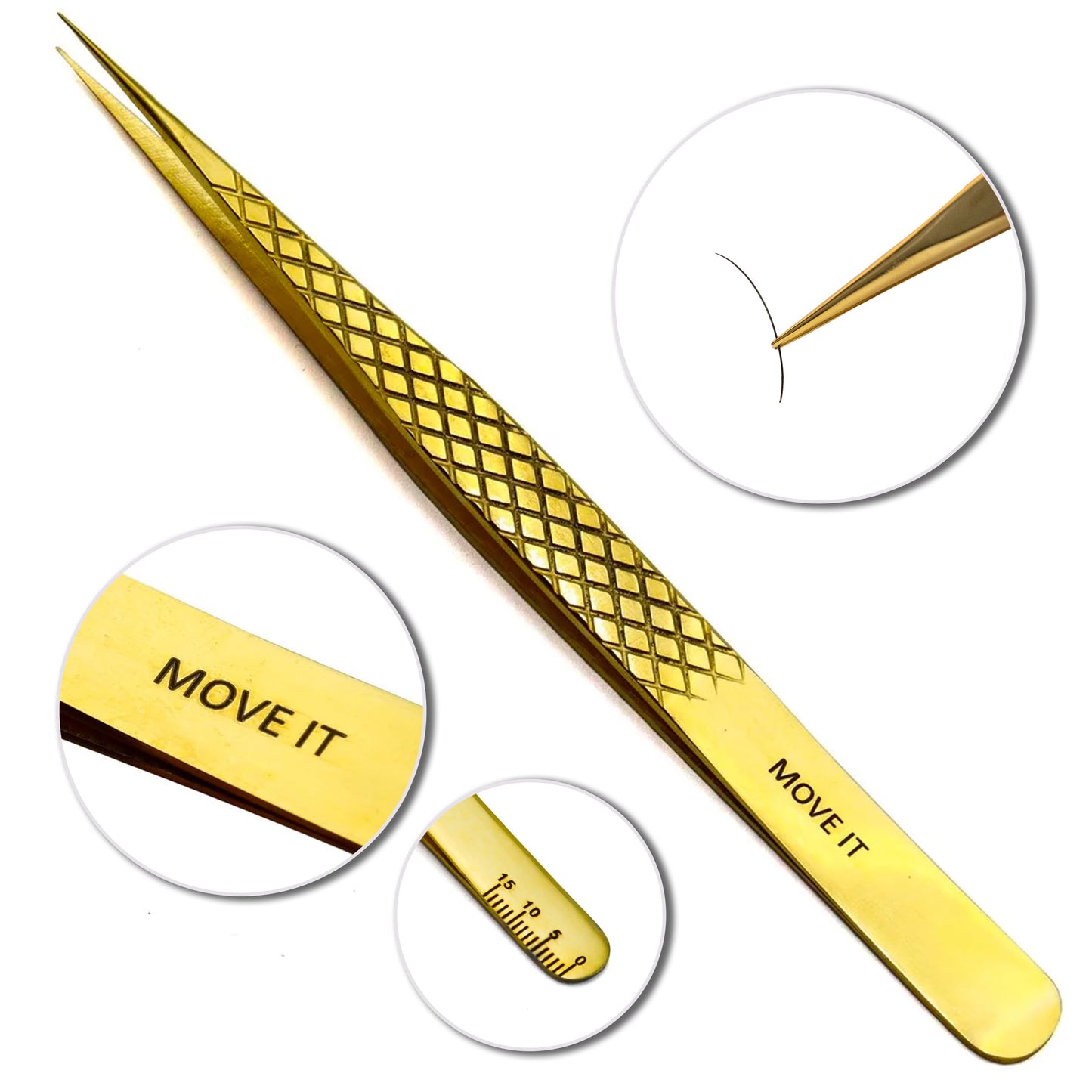 LLBA Lash Tweezer Professional Volume False Lash Application Tool | Multi Shapes & Purposes Tweezers | Non-Slip Grip Tweezers for Volume, Isolation & Classic Lashes (Gold, Move It Classic)