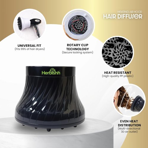 Herbishh Hair Dryer Diffuser - Universal Attachment for Curly & Wavy Hair, Reduces Frizz & Adds Volume, Adjustable 3.5 to 8 cm (Black)