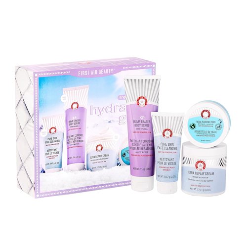 First Aid Beauty - Hydrated Glow Kit | Exfoliating Body Scrub, Facial Radiance Pads & Ultra Repair Cream - 4ct