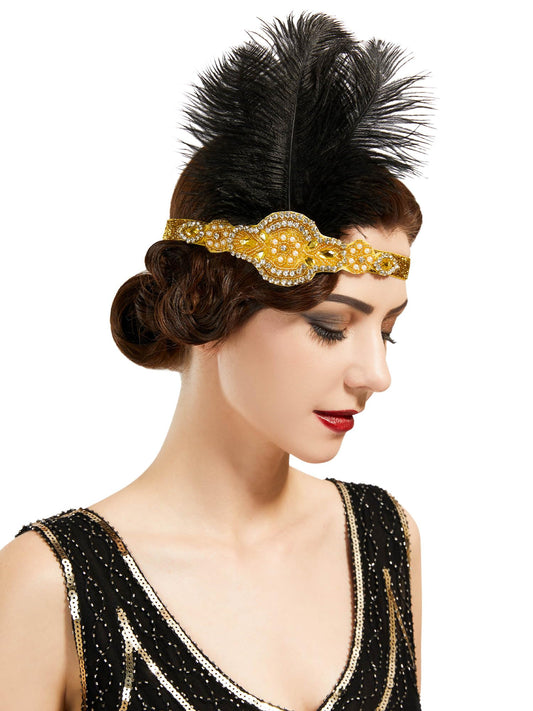 SWEETV 1920s Headpiece Flapper Headband, Feather Rhinestone Roaring 20s Great Gatsby Hair Accessories for Women,Yellow