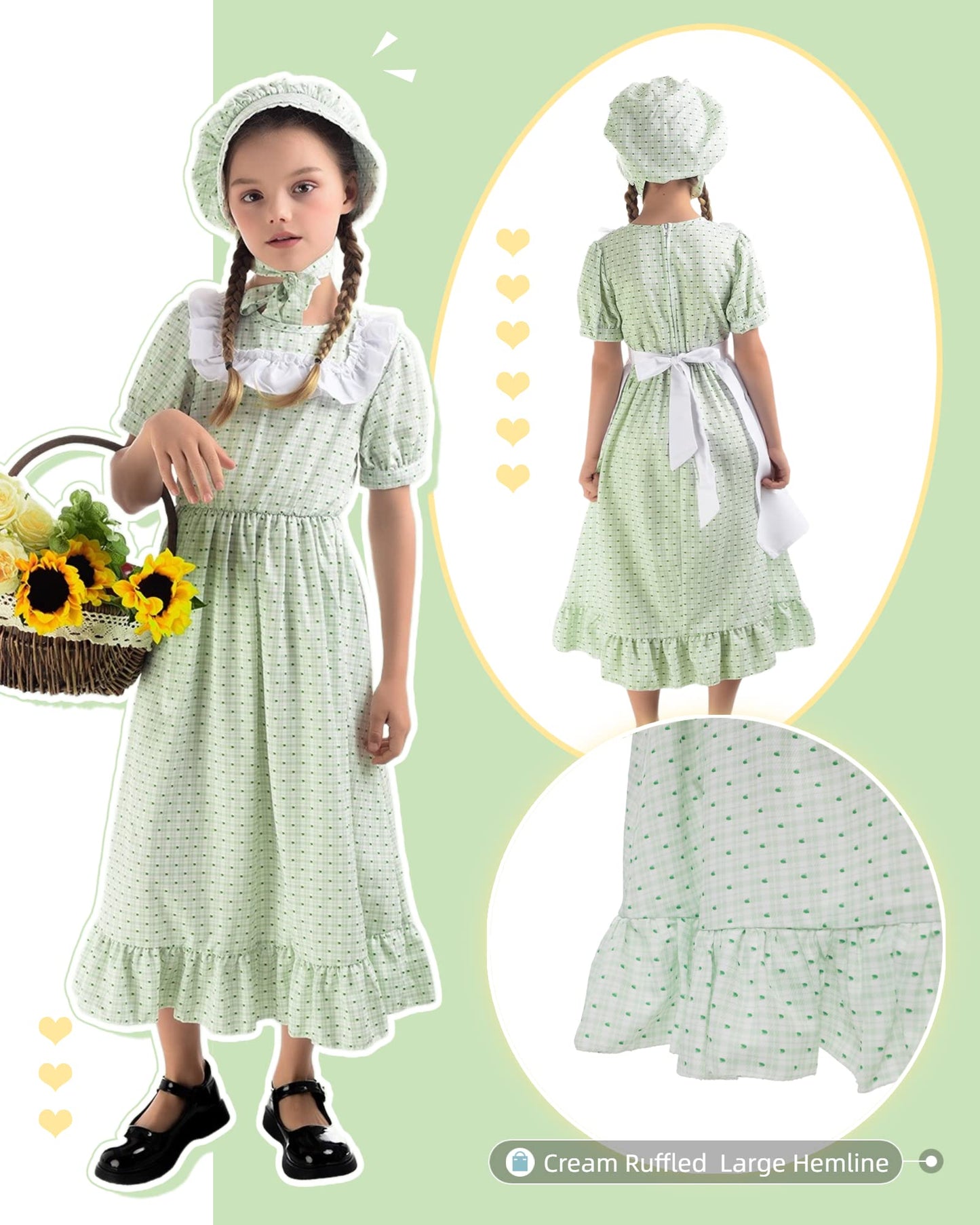 NSPSTT Pioneer Dresses for Girls Colonial Costume Prairie Dresses for Girls Polka Dot Dress, Green XXL